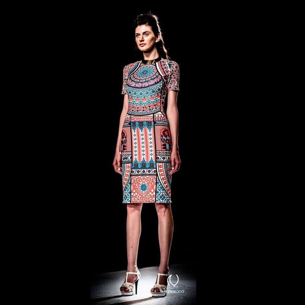 Anthropologie Pankaj Nidhi Dress | Sheath Midi Temple Print Fitted Ponte | XSP